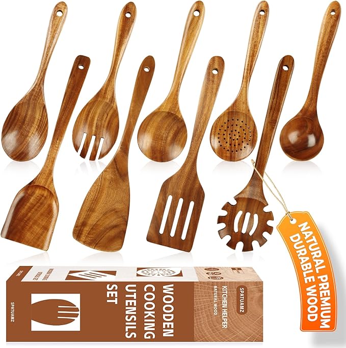SPATUAMZ Wooden Kitchen Utensils Set, Smooth Finished Wooden Spoons for Cooking, Natural Teak Cooking Utensils Set of 9 for Nonstick Pans and Cookware