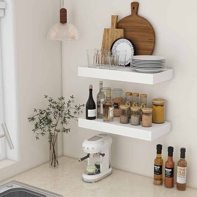 Deep Floating Shelves, 24''W x 12''D Floating Shelves White Set of 2, 12 Inch Deep Large Wood Shelves for Books Living Room Bathroom Laundry Room Bedroom Kitchen Home Office - White