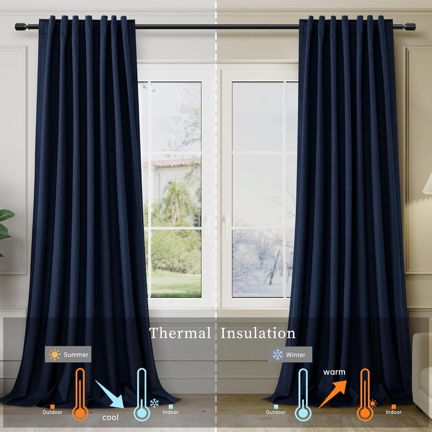 BOODII 100% Blackout Curtains for Bedroom 95 Inch Length 2 Panels Set Room Darkening Linen Curtains Navy Blue Black Out Curtain Thermal Insulated for Living Room Window Drapes Back Tab 52x95