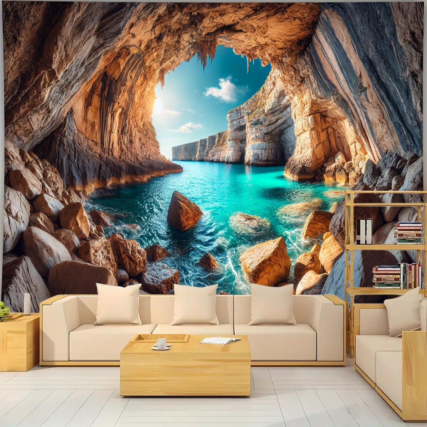 BSFHH Nature Tapestry Forest Tree Sea Cave Wall Hanging, Stream Through Rainforest Landscape Wall Art Tapestry for Bedroom Living room (Cave Sea View, 90"×70", Unframed)