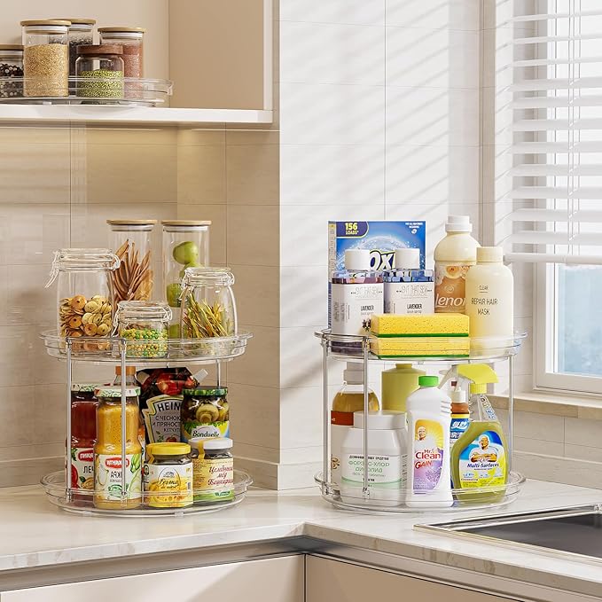 LAMU 10.6in Rotating Makeup Organizer for Vanity, 2 Tier Lazy Susan Turntable Stackable Spinning Skincare Organizer Cosmetic Perfume Tray for Bathroom Counter, Large Capacity, Clear