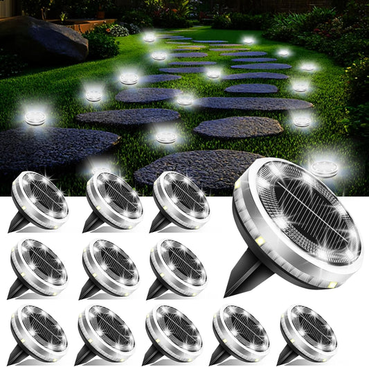 Solar Ground Lights Outdoor 12 Pack Waterproof Upgraded Flat Solar Garden Lights with 4 Side Light Stainless Steel Solar Powered Disc Light for Walkway Pathway Landscape Lawn Yard - Cool White