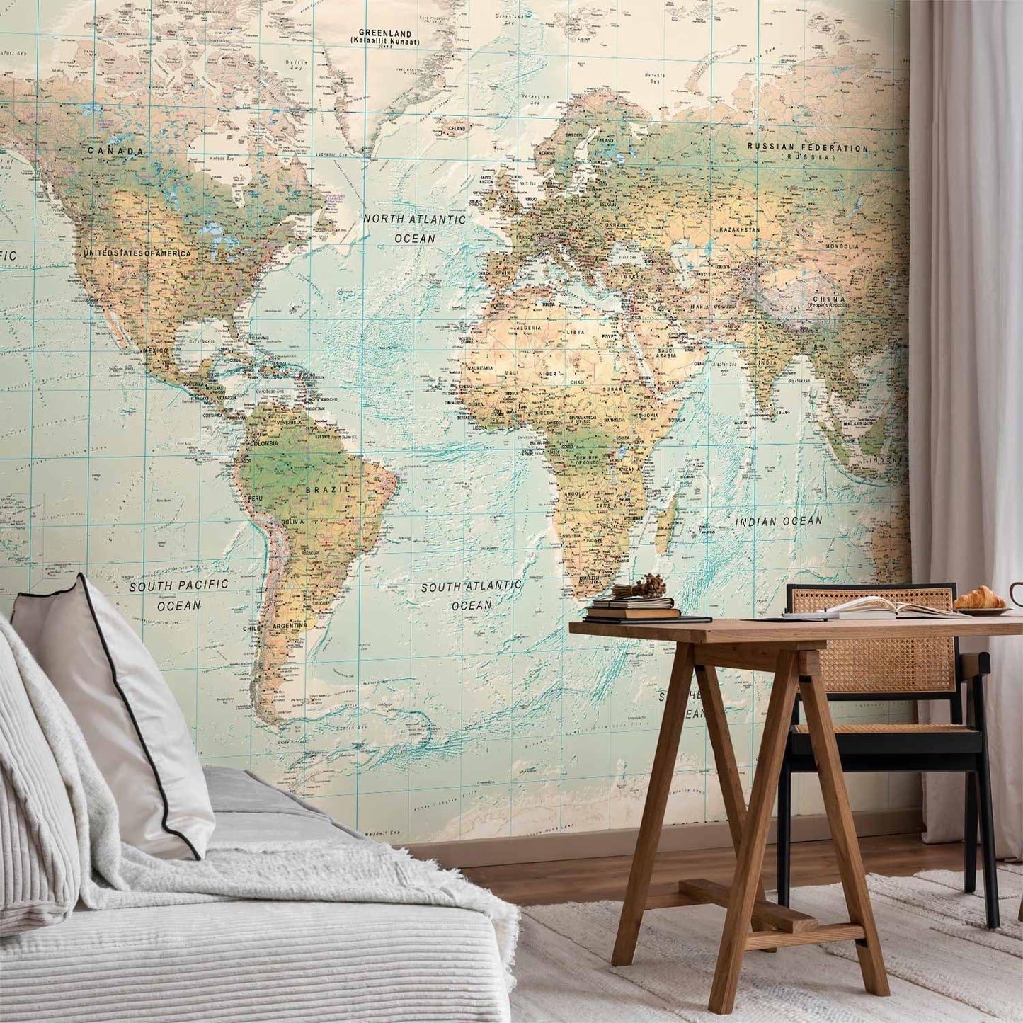 artgeist Premium Wall Mural World Map 138x101 in - XXL Non-Woven Wallpaper Fleece Wall Decor Photo Print Picture Image Design Home Map of The World k-A-0091-a-d