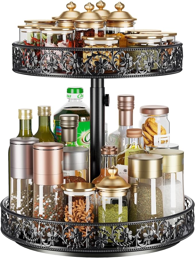 Two Tier Lazy Susan Organizer Turntable Height Adjustable, 2 Tier Lazy Susan 12 Inch Metal Easy Assembly, Spice Rack Organizer Rotating for Cabinet Dining Table Top Kitchen Countertop Black