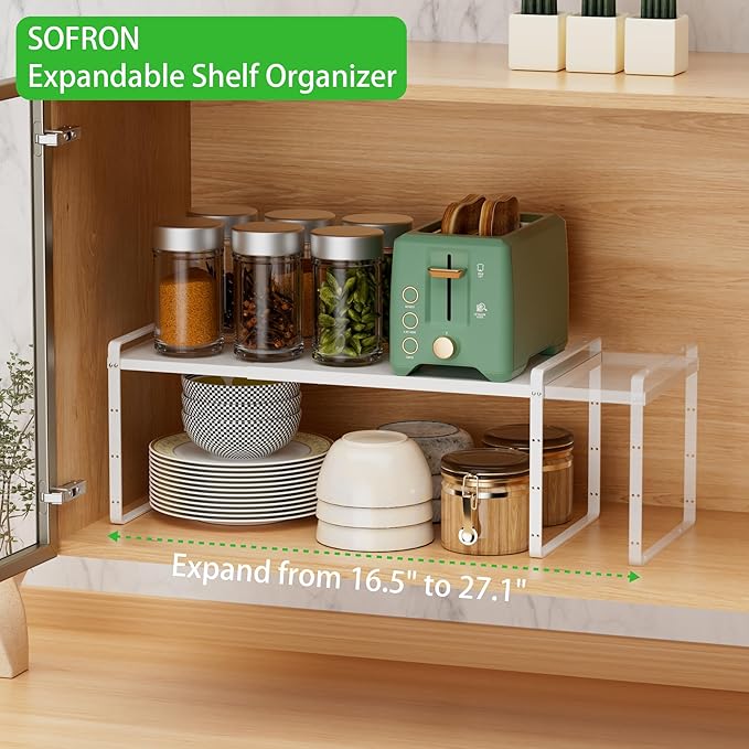 Expandable Cabinet Storage Shelf Stackable Organizer Rack for Kitchen Bathroom Pantry Spice Cupboard Countertop Home Office Desk Heavy Duty Nonslip White Small 3 Pack
