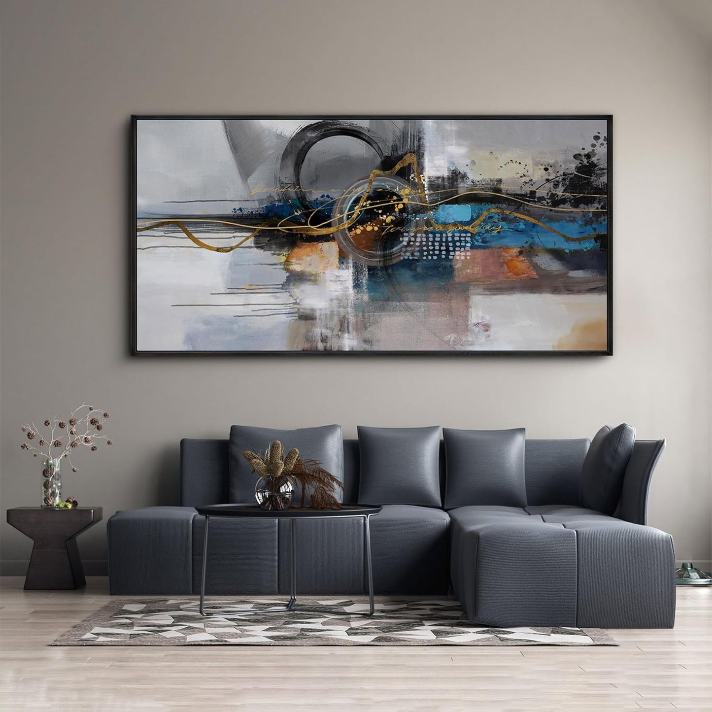 XLSJERST Large Abstract Frame Wall Art - Black and Blue Cnavas Framed Artwork for Walls Modern Minimalist Boho Gray Pictures Wall Decor for Living Room Bedroom Office Home Decoration 24x48 Inches