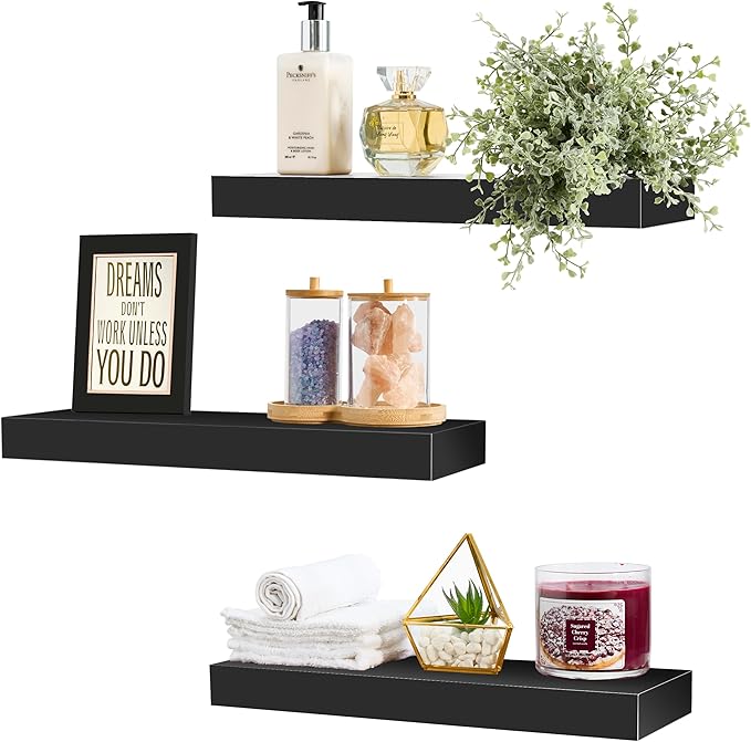Sorbus Floating Shelves for Wall, Bathroom Shelves Wall Mounted for Kitchen, Bedroom, Bathroom Storage Over Toilet, Hanging Book Shelf for Wall Home Decor Living Room (Black, 3 Pack)