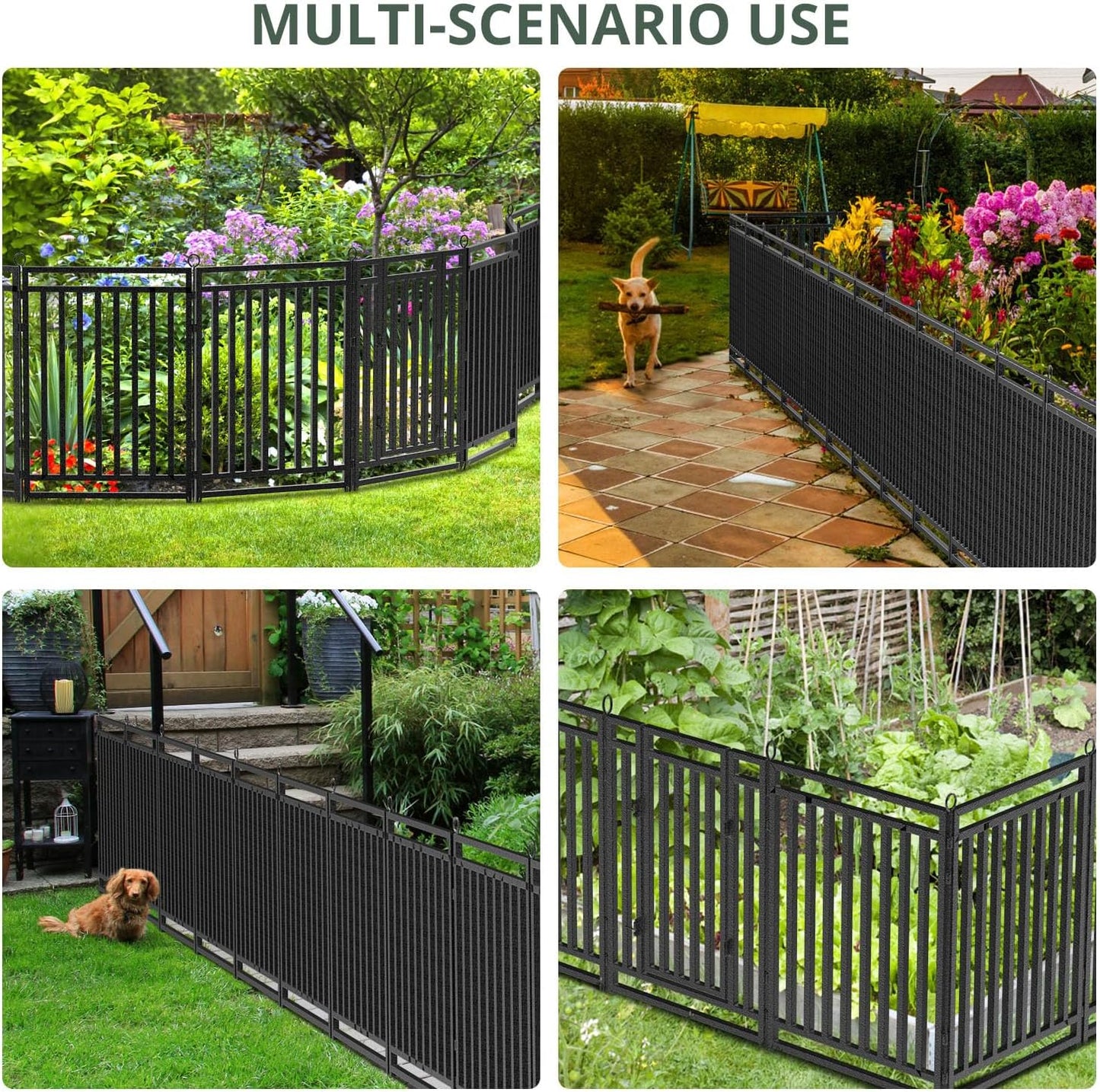 Decorative Garden Fence Large Dog Fence Outdoor for Yard, 72ft (L) × 40in (H), 28 Panels + 4 Gates, Metal Animal Barrier Fencing for Patio & Flower Bed, No Dig, Black-Silver