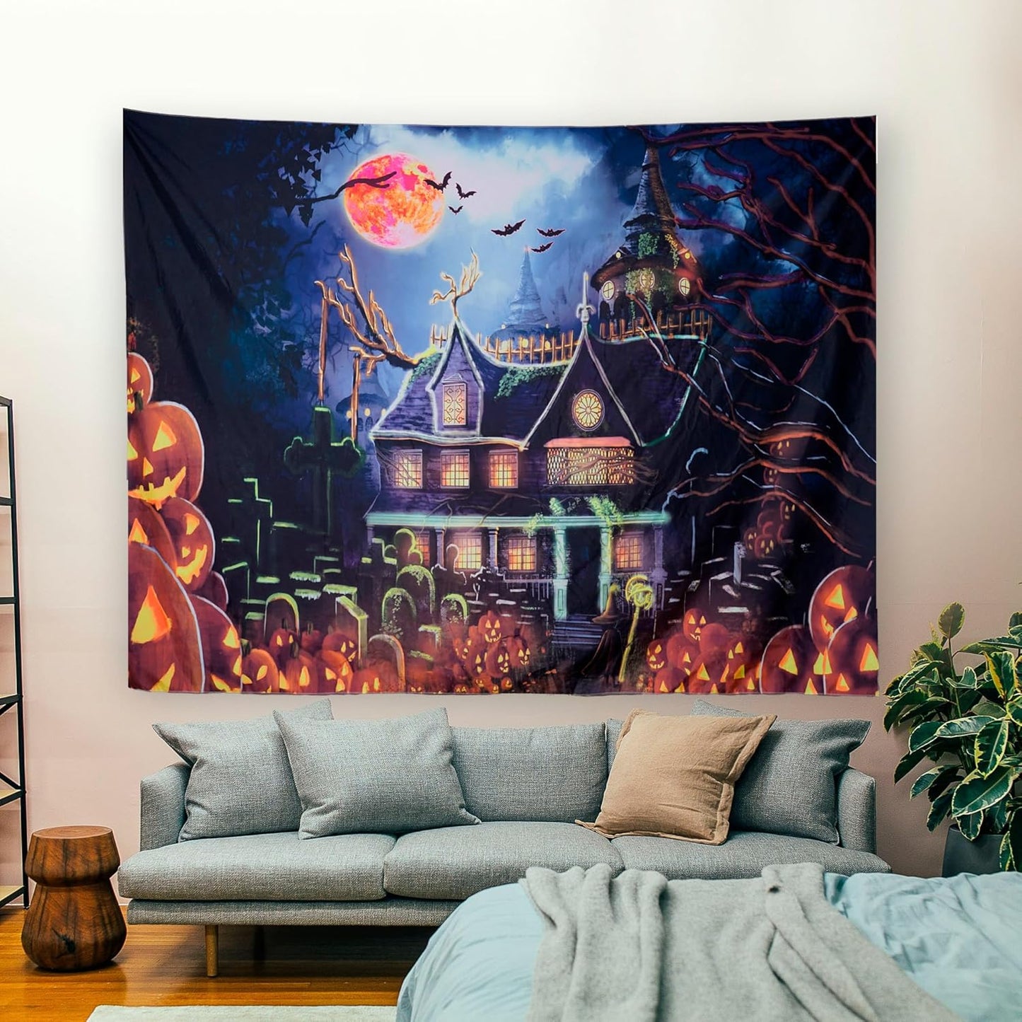 OSVINO Blacklight Halloween Castle Tapestry 79"x59" Pumpkins Bats Crosses Backdrop Bedroom Aesthetic Hippie Room Decor Glow in The Dark Wall Poster for Halloween Easter