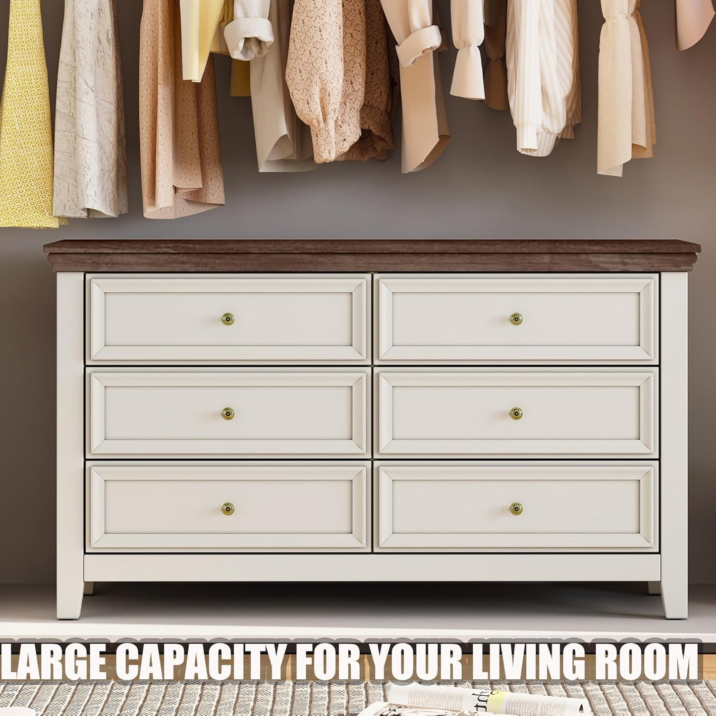 BLANKSPACE 6 Drawer Dresser, Modern Dresser for Bedroom, Wood Drawer Organizer with Metal Knobs, Large Capacity Cabinet for Bedroom, Antique White