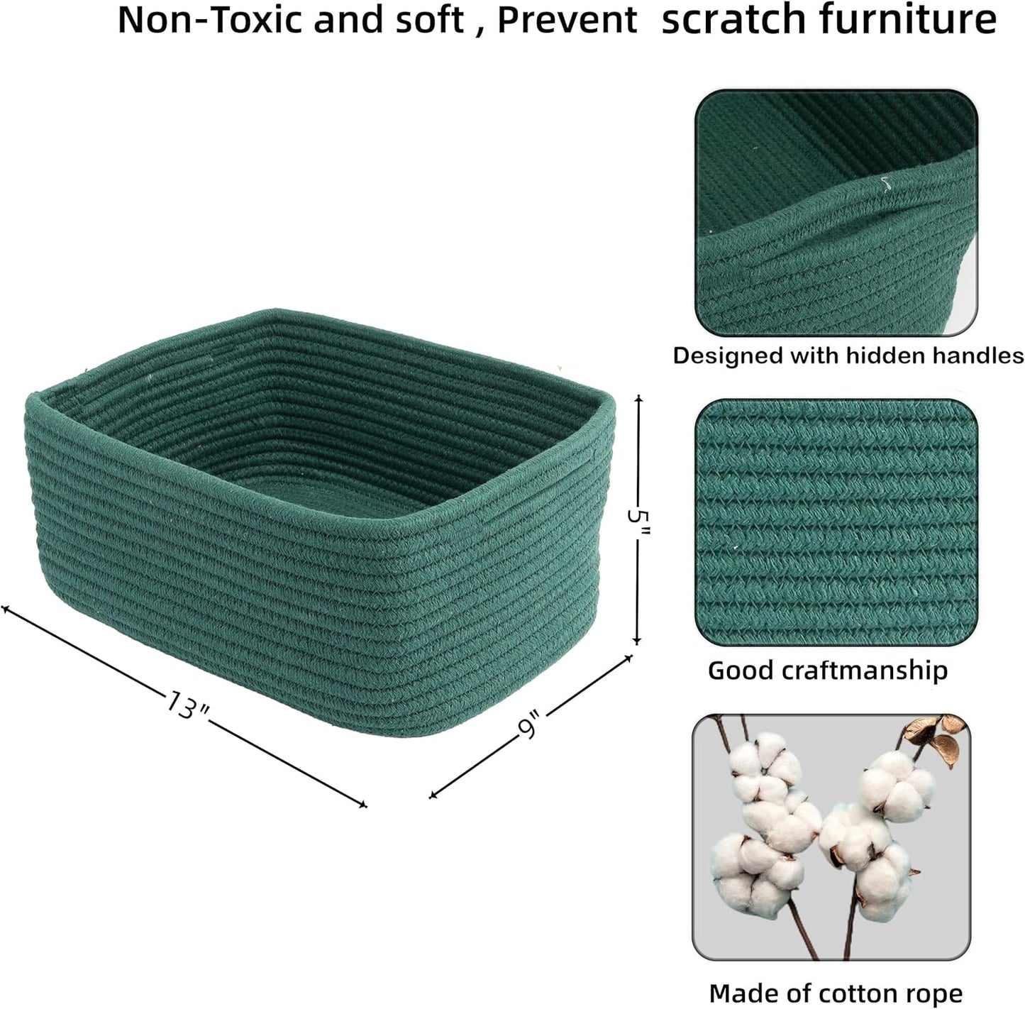 Small Woven Storage Baskets 13“X9”X5“ Decorative Rope Bins for Organizing Shelves, Closets, and Toys, Empty Gift Baskets, Cute Organizer Basket for Home and Office (dark green, Large)