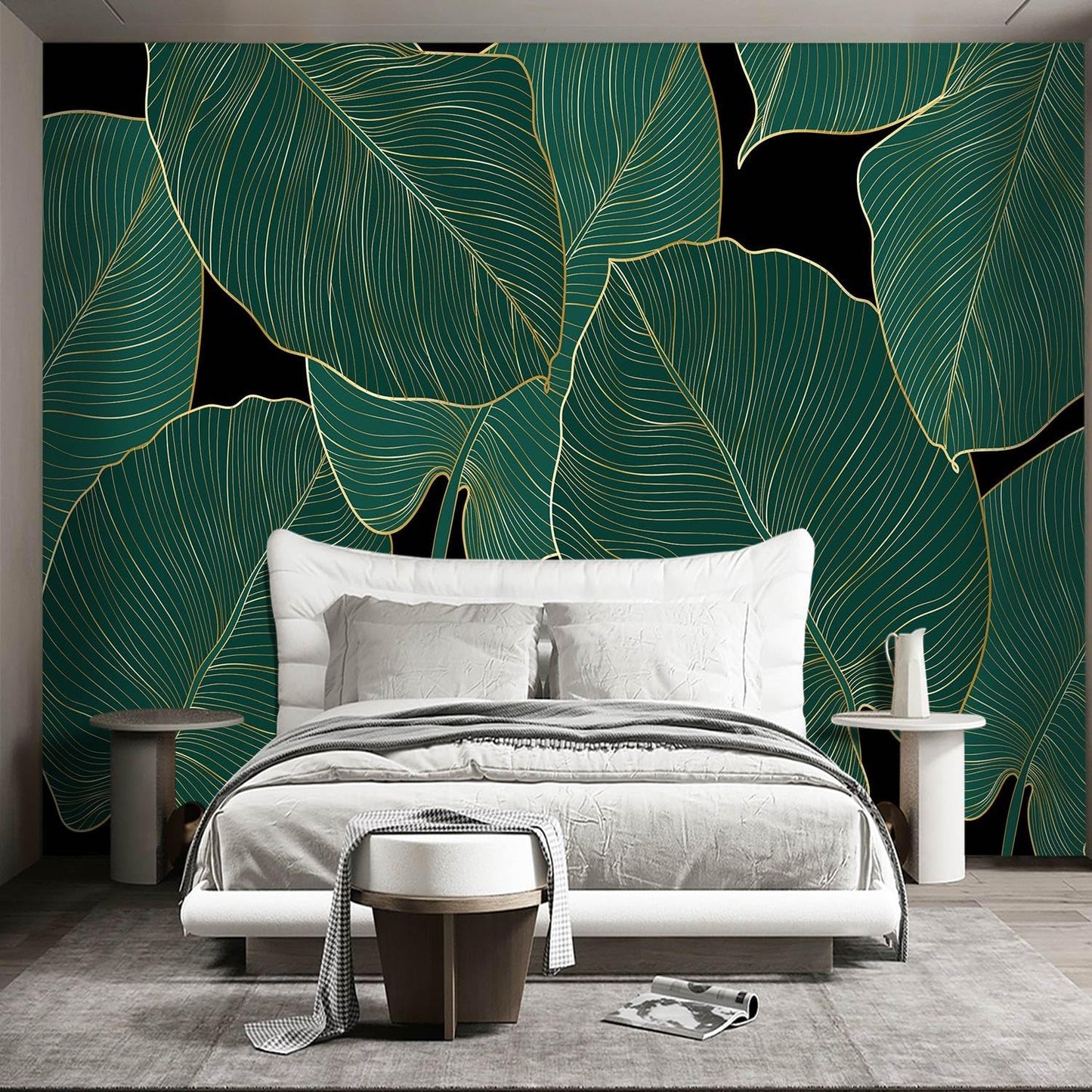 Black and Gold Leaf Mural Bedroom Tropical Green Botanical Wallpaper Room Plant Decor Living Room tv Background Large Wall Mural - 160"x108" (Not Peel and Stick)