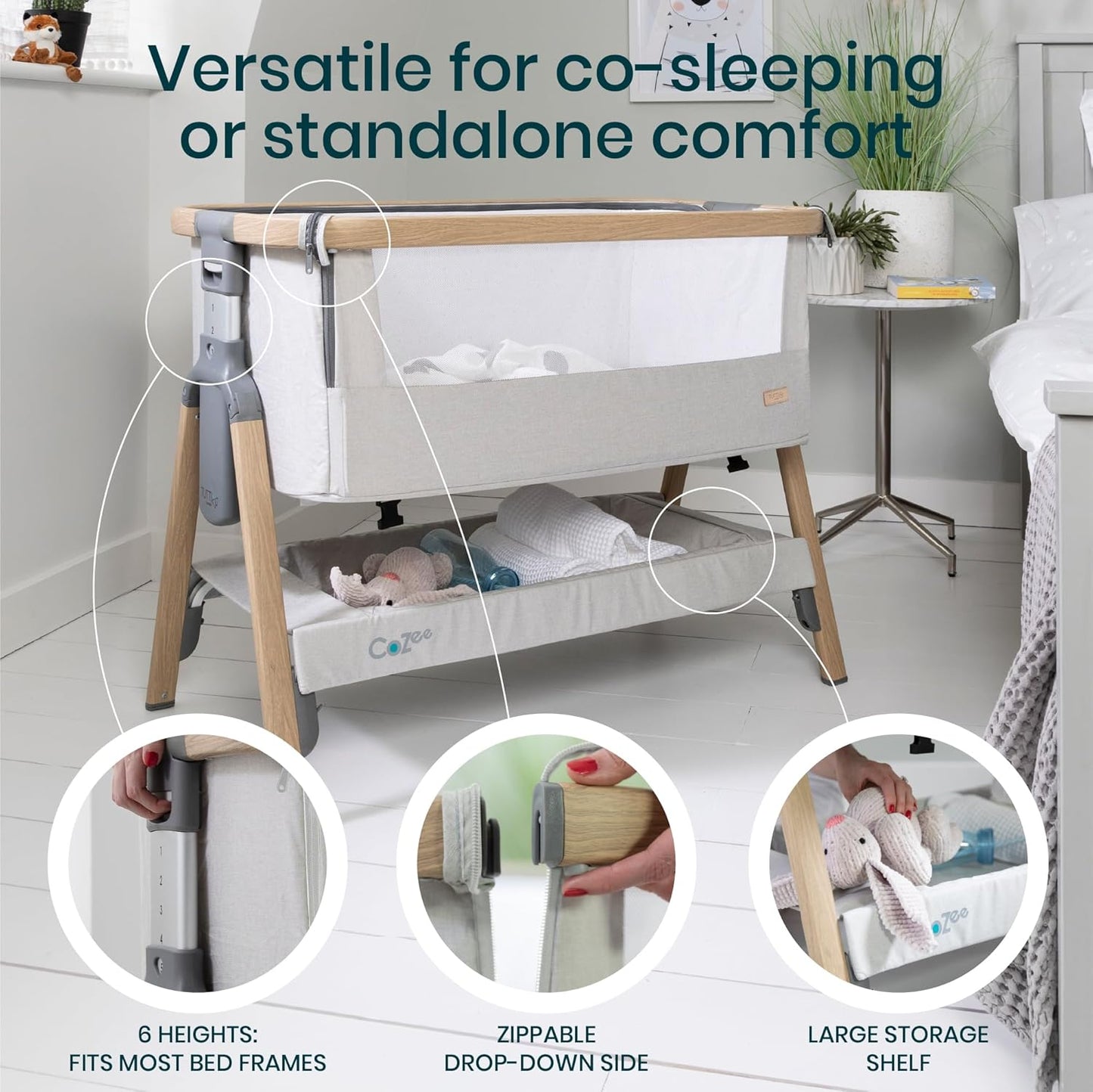 CoZee® 2-in-1 Baby Bassinet & Bedside Sleeper - Fast-Folding Bedside Bassinet, Baby Crib with 6 Mattress Heights & Breathable Mesh Window, Mattress Included, 0-6 Months (Silver & Oak)