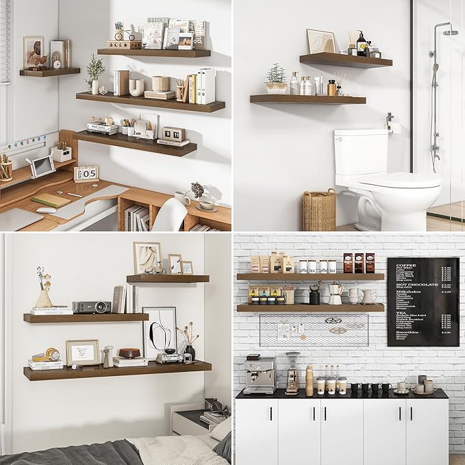 RICHFOCUS 55Inch Floating Shelves for Wall 2 Pack Shelves for Bedroom|Kitchen|Bathroom Wall Mounted Rustic Wood Floating Shelf with Invisible Brackets for Books|Storage|Decor, Walnut