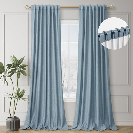Blue Linen Blackout Curtains Thermal Insulated 120 Inch 100% Complete Black Out Window Curtains Back Tab Linen Textured Neutral Farmhouse Living Room Darkening Drapes High Ceiling Length 52x120
