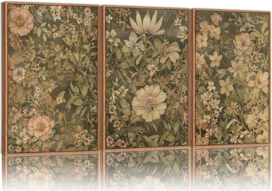 SIGNINART Vintage Floral Framed Canvas Wall Art Set of 3, Mid Century Modern Flowers Wall Decor, Neutral Botanical Artwork, Retro Wildflower Art Prints for Bedroom, Living Room, Office 24"x36"x3