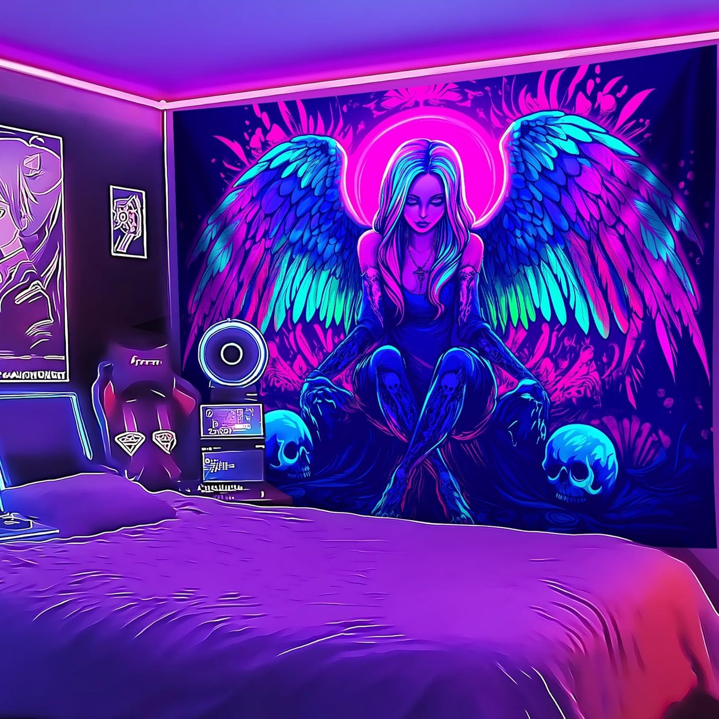 Blacklight Tapestry,WingTapestry Glow In The Dark,UV Reactive Black Light Upright Posters Wall Hanging for Bedroom Dorm Living Room Backdrop Decor (wing4, 79L" x 59W")