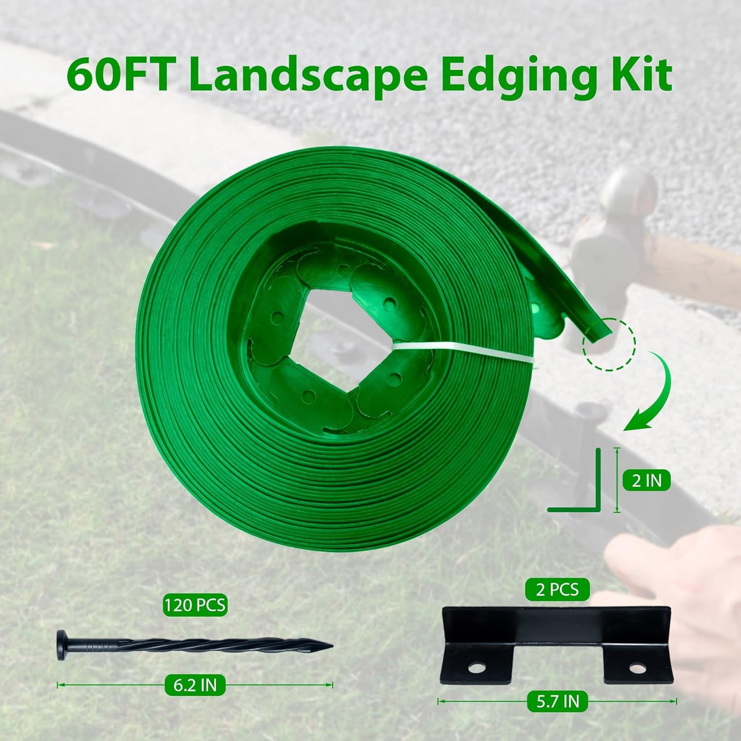 Landscape Edging Border 60 FT 2 Inch Tall with 120 Spikes, Plastic Edging for Landscaping, Garden Edging Border， Flower Bed, Paver and Lawn Edging Border, Green