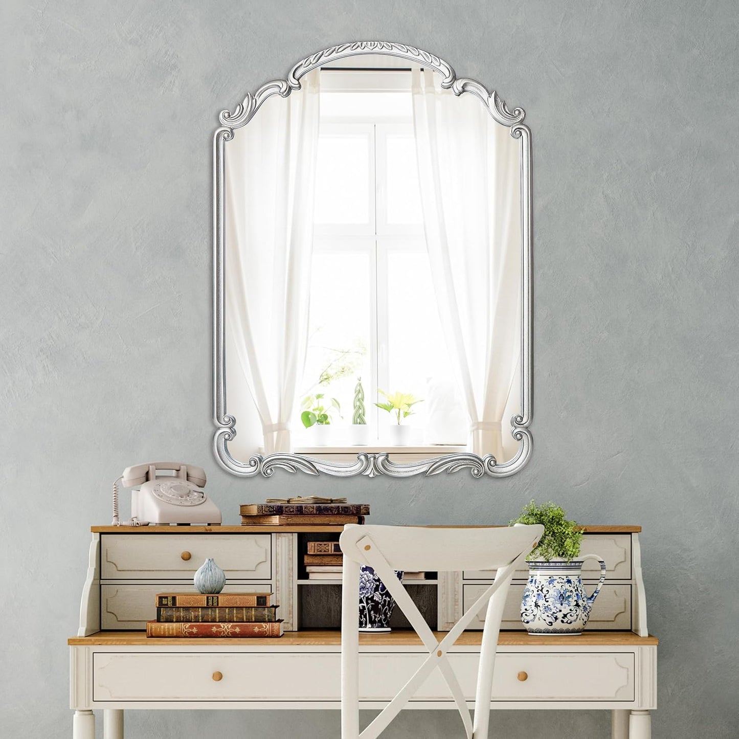 English Estate Carved Arch Wood Wall Mirror, Mirror for Entryway, Living Room, Bathroom, Antique Silver, 20.9x28.9