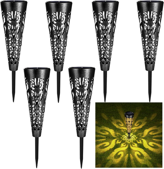 pearlstar Solar Lights Outdoor Garden Decorative Pathway Lights Waterproof Unique LED Solar Stake Lights for Patio Yard Walkway Driveway Landscape Decor, Conical, Warm Lights, Black-6pack