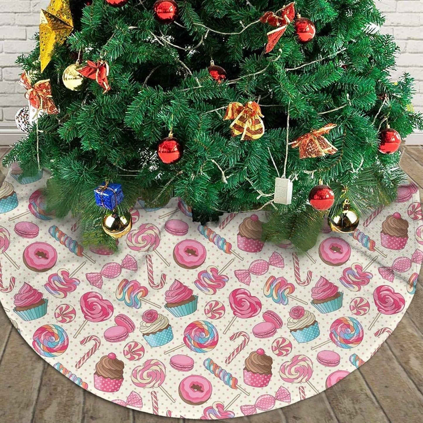 Christmas Tree Skirt,Sweet Lollipop Candy Macaroon Cupcake Donut Xmas Tree Skirt Rustic Farmhouse Tree Skirt for Christmas Decor Xmas Holiday Home Party Decorations48