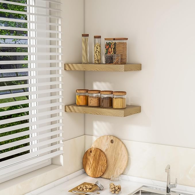RICHFOCUS 16Inch Floating Shelves for Wall 2 Pack Shelves for Bedroom|Kitchen|Bathroom Wall Mounted Rustic Wood Floating Shelf with Invisible Brackets for Books|Storage|Decor, Oak