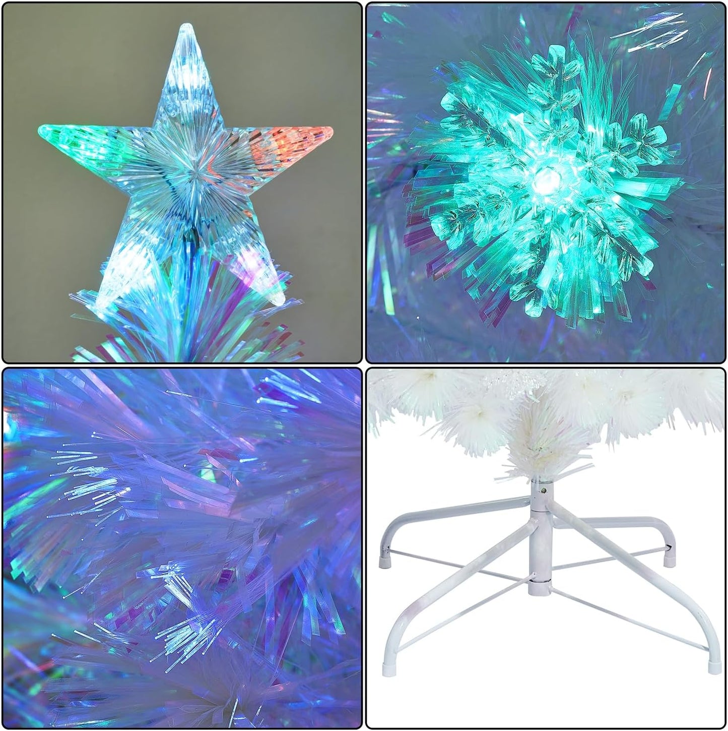 Juegoal 5ft Pre-Lit Artificial Christmas Tree, Lighted Optical Fiber Xmas Trees with Color Changing LED Lights, Snowflakes & Top Star, Party Home Holiday Fake Multicolored Tree with Metal Legs, White