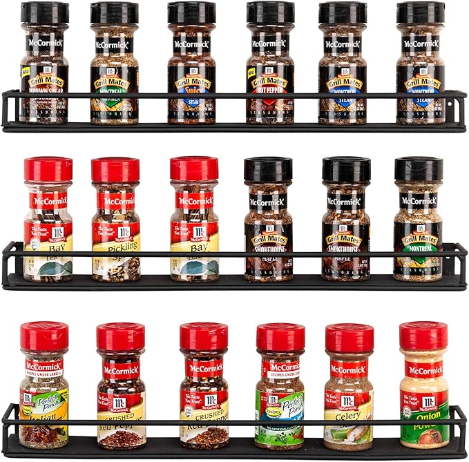 MyGift Set of 3 Wall-Mounted Black Metal Nail Polish and Essential Oils Display Shelves, Kitchen Spice Jars Rack