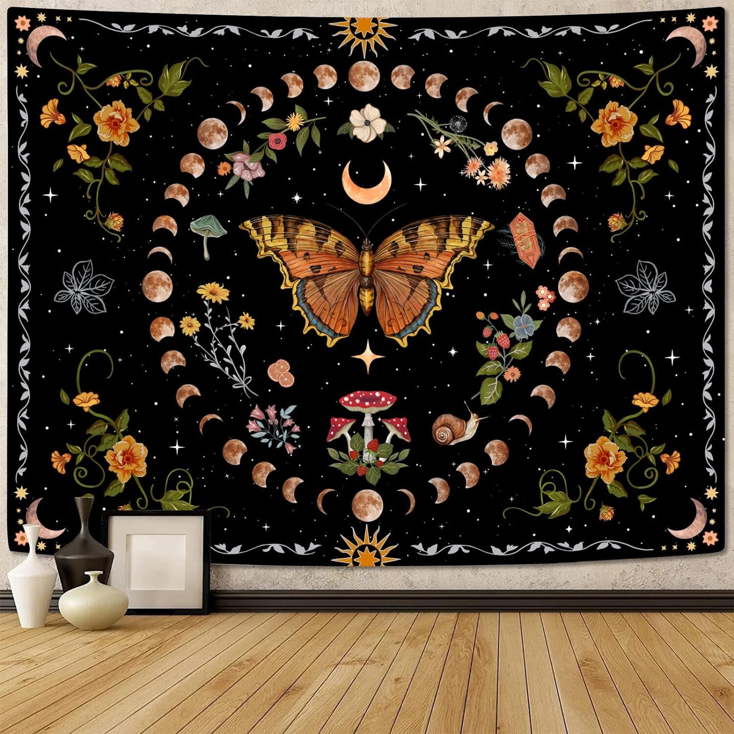 Aipon Orange Butterfly Moon Flower Tapestry Botanical Floral Plant Boho Tapestry for Bedroom Aesthetic Vintage Tapestries Wall Hanging for Living Room Dorm (36.00" x 48.00", Orange)
