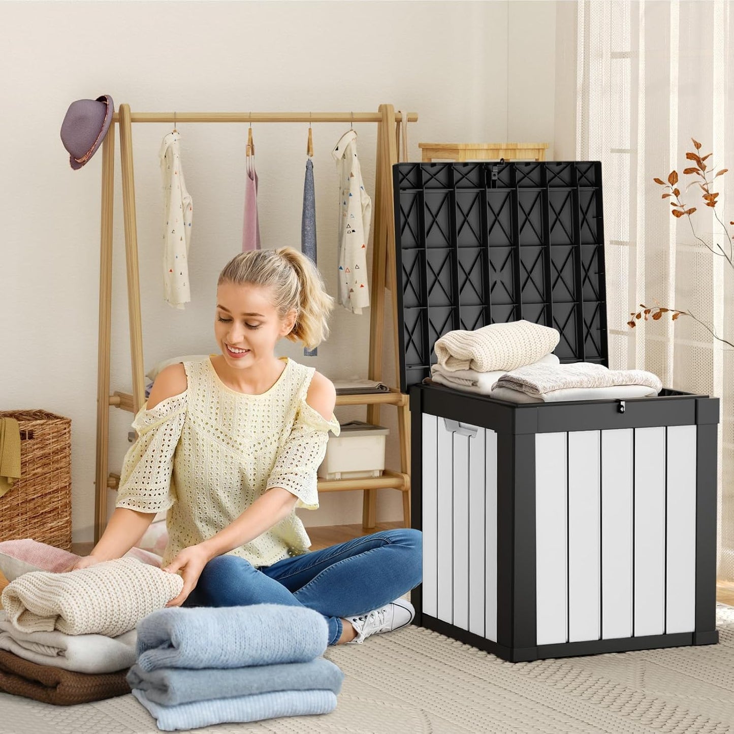 Vixzen 50 Gallon Resin Deck Box, Lockable Outdoor Storage Box for Patio Cushions Storage Furniture,Garden Tools, Pool Supplies, Weatherproof and UV Resistant- Black and White