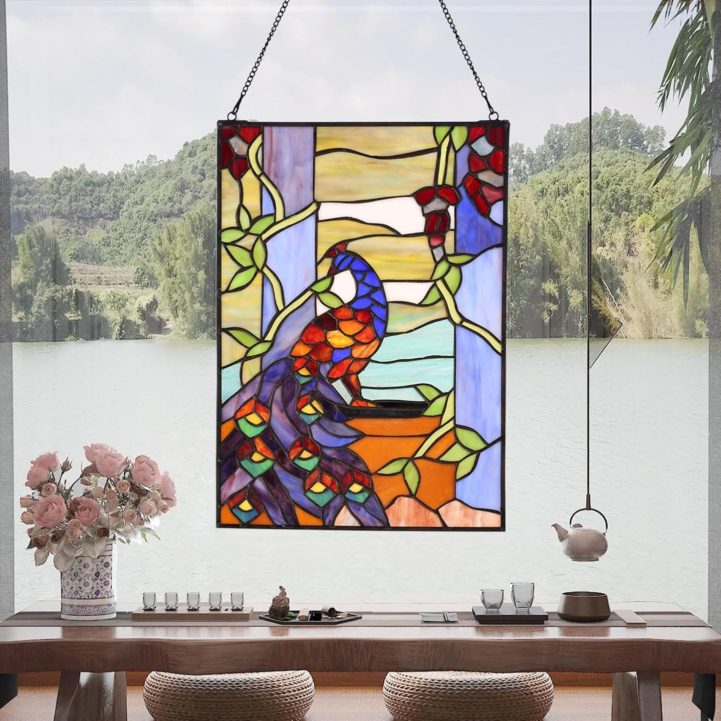YOURANJU Stained Glass Window Hanging 16" H x 11" W Tiffany Style Rectangular Window Panel Suitable for Living Room Bedroom Kitchen Window Decoration Hangings with Chain (Peacock)