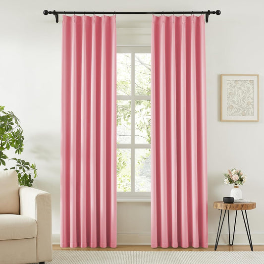 KangBang Pink Pinch Pleated Curtains 90 Inches Long for Bedroom, Blackout Energy Saving Aesthetic Modern Peach Pink Curtains & Drapes with Adjustable Hooks 2 Panels,40Wx90L