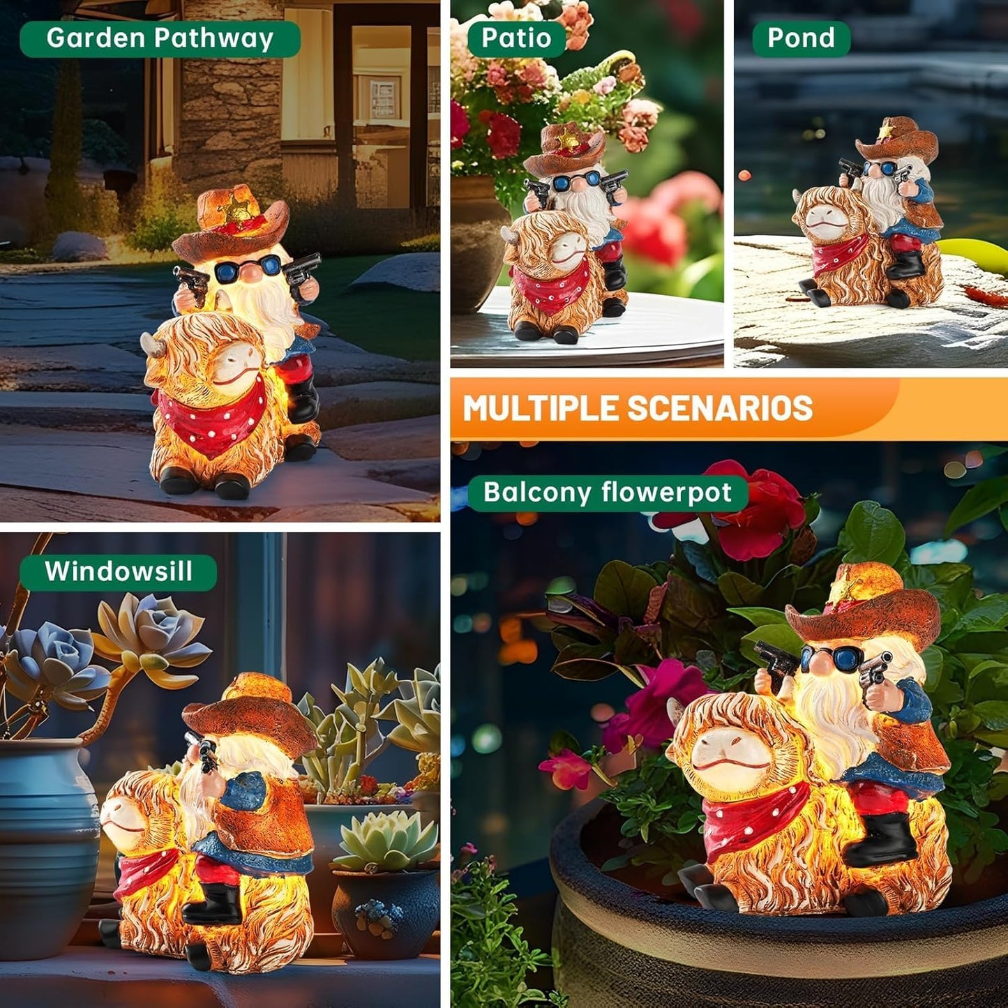 Solar Highland Cow Gnome Statue - Hand-Painted Resin Outdoor Decor for Garden & Yard, Unique Mothers Day Birthday Gifts for Grandma Women (Weatherproof)