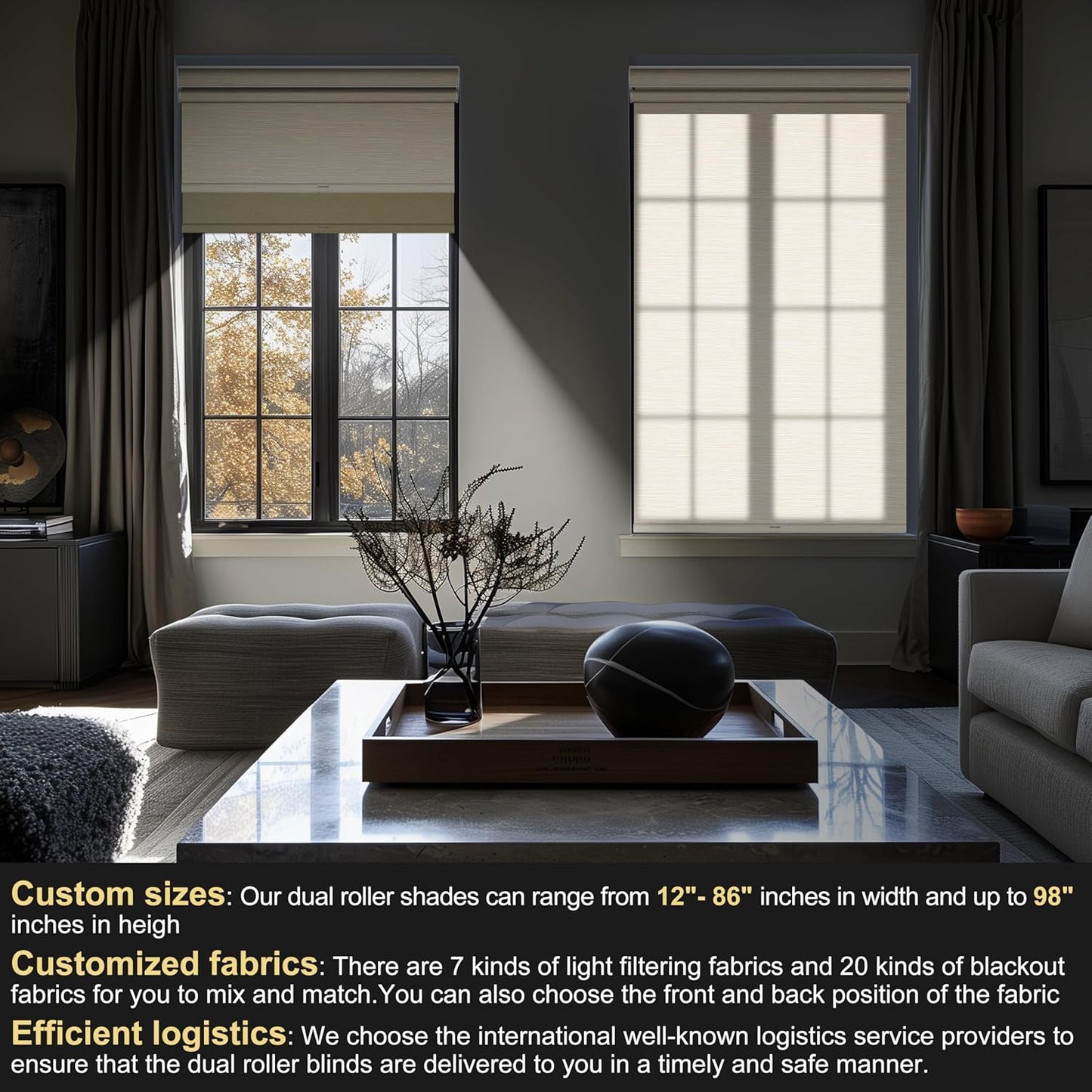 BERISSA Cordless Dual Roller Shades with Cassette Valance,Double Window Shades Blackout and Light Filtering Shades,Day and Night Roller Shades for Home Office Door.Striped Jacquard Beige.49 W x 64" H