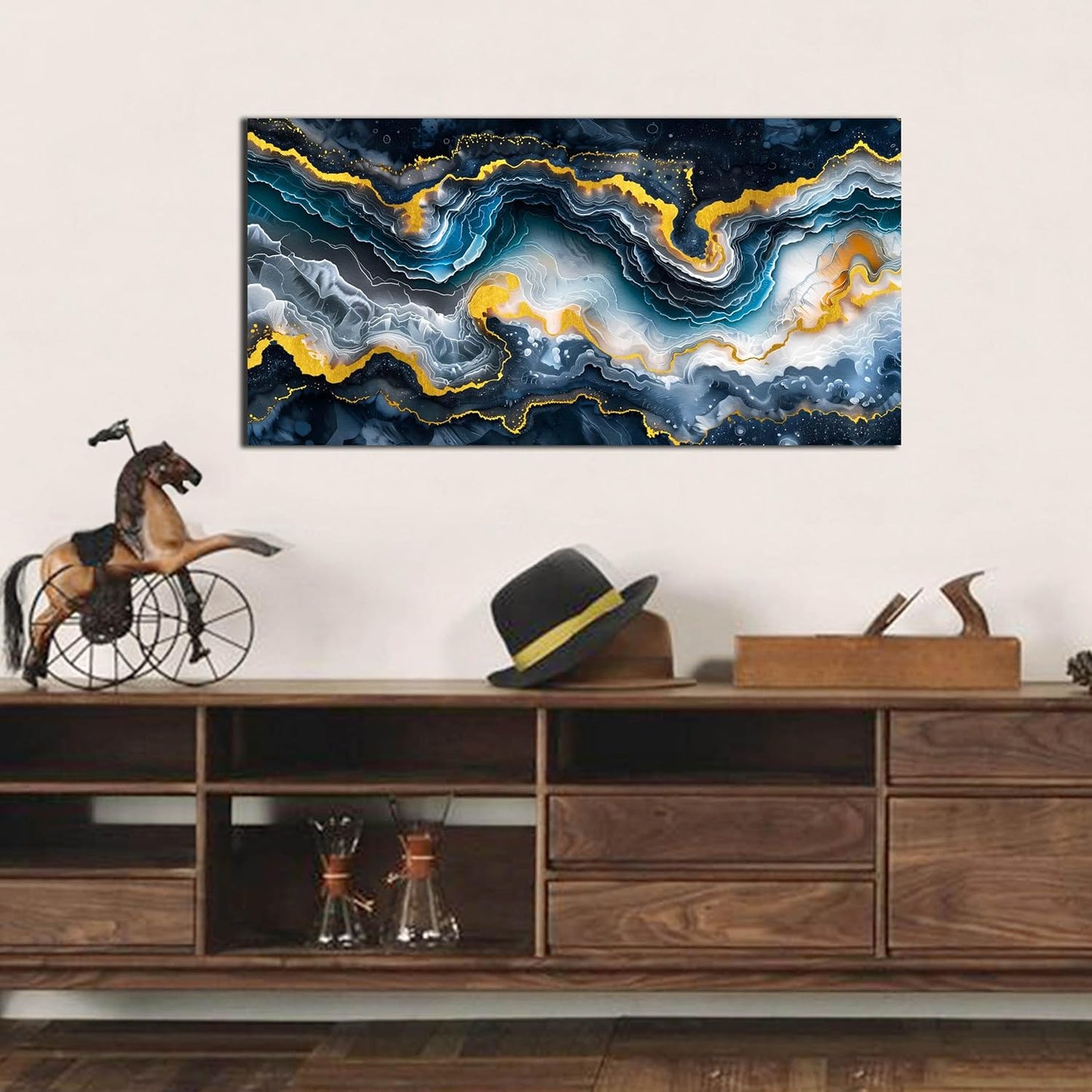 GUGIKA Abstract Wall Art for Living Room, Gold Black and Blue Canvas Wall-Art for Bedroom, Ocean Landscape Print Paintings, Size 40x20 Inches