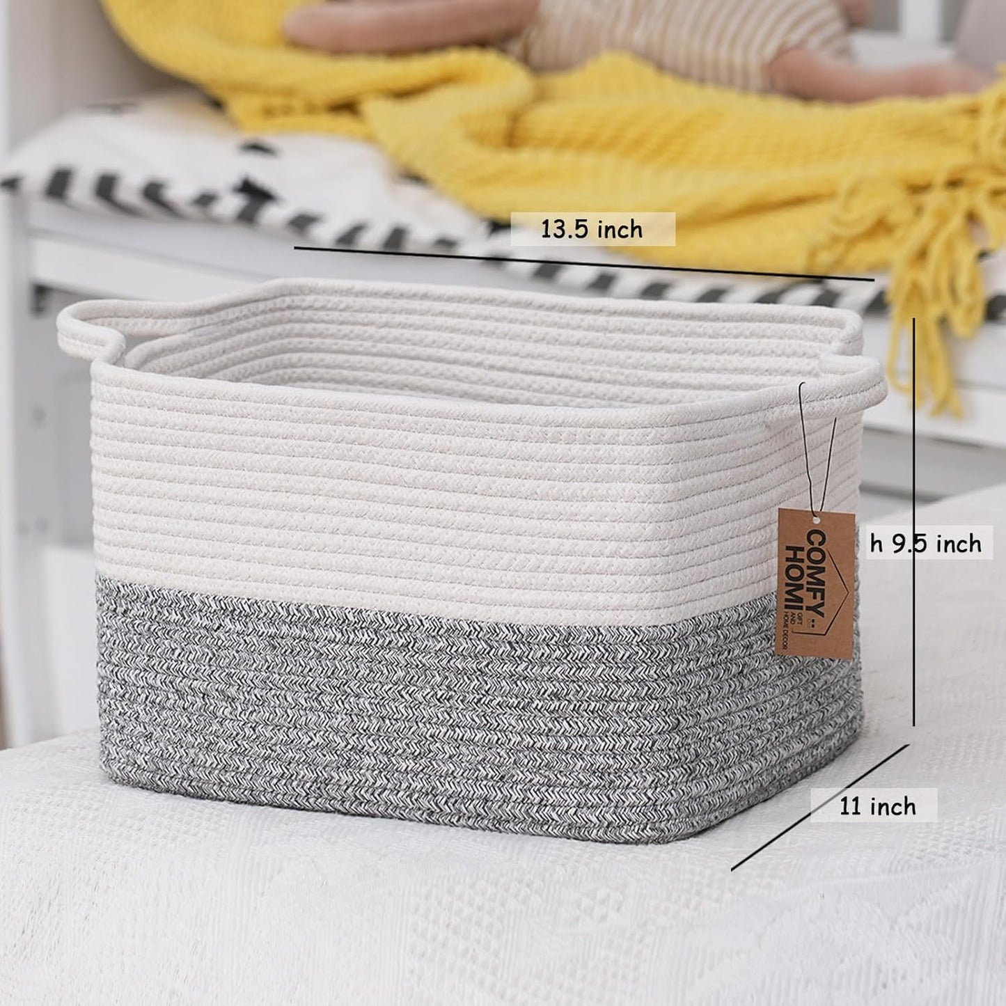 COMFY-HOMI Cotton Rope Woven Basket with Handles for Shelves,Toys,Book, Cloth Storage Baskets Bin for Organizing-13.5"x11"x9.5" Toy Decorative Organizer for Living Room, Bathroom-White/Grey