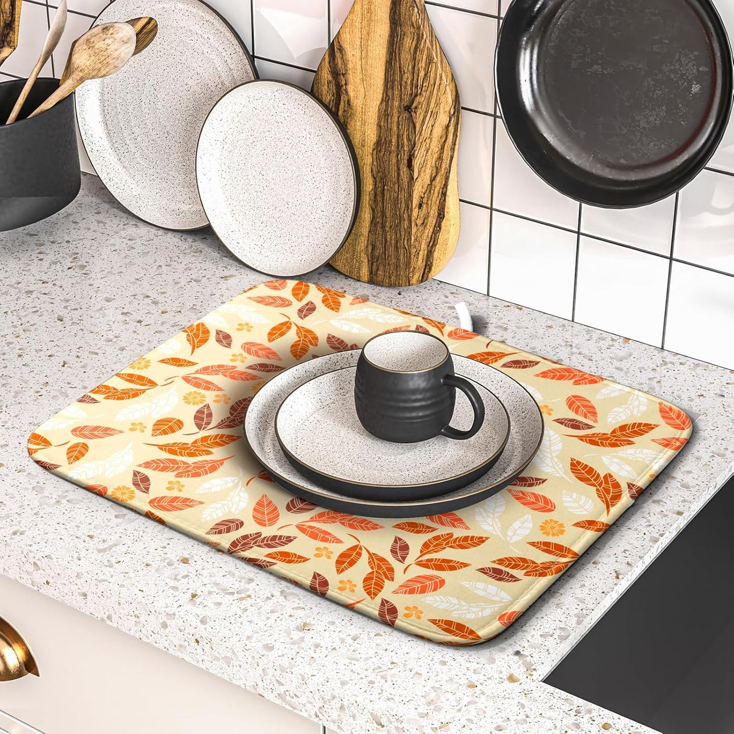Fall Leaves Dish Drying Mat for Kitchen Counter Autumn Orange White Leaves Seasonal Super Absorbent Reversible Microfiber Kitchen Countertop Protector Dishes Pad Small 16x18 inch