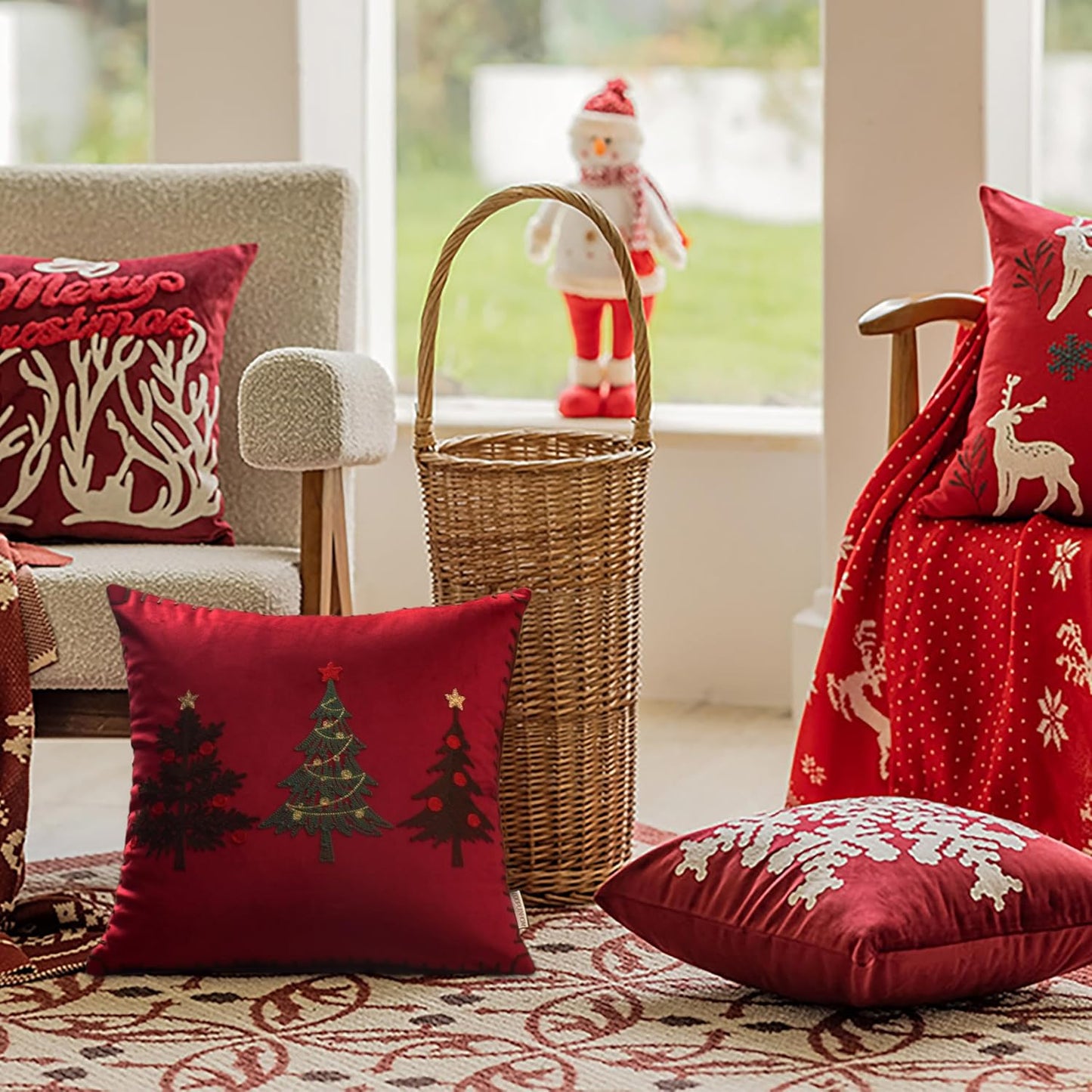 Christmas Pillow Covers 18x18 Inch - Red Embroidered Tree Throw Pillows for Holiday Decorations - Cushions for Couch, Sofa, Bed, Living Room, Bedroom