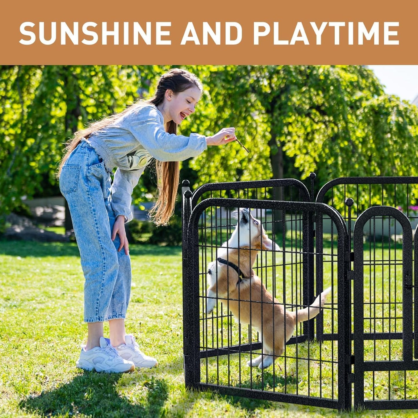 Metal Dog Playpen, 24" Inch Height 16 Panels, Ideal Dog Fence for Large/Medium/Small Dogs Indoor & Outdoor Bliss, Perfect Dog Pen for Camping, Yard and RV | Black-Silver