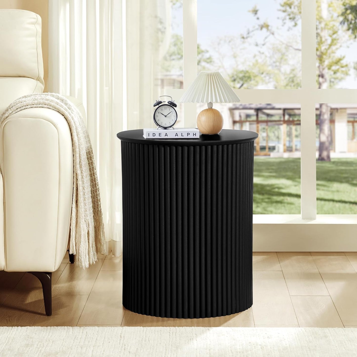 AVZEAR Fluted Round Side Table Small Mid Century End Table, 17.7" Fluted Nightstands Modern Circle Bedside Tables, Black Wood Night Stand for Small Spaces, Living Room, Bedroom (Black)