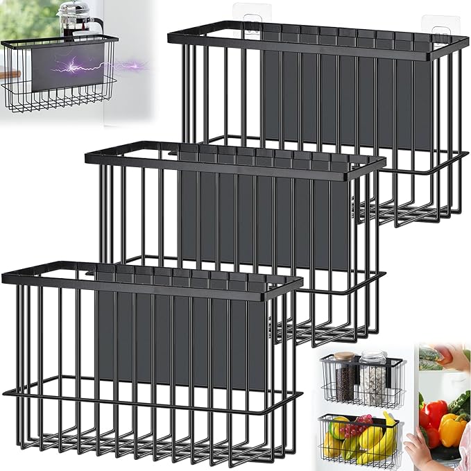 3 Pcs Magnetic or Adhesive Refrigerator Organizer Magnetic Baskets Kitchen Holder for Refrigerator Metal Shelf Rack Storage with 2 Types of Installation(Black)