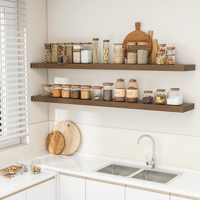 RICHFOCUS 72Inch Floating Shelves for Wall 2 Pack Shelves for Bedroom|Kitchen|Bathroom Wall Mounted Rustic Wood Floating Shelf with Invisible Brackets for Books|Storage|Decor, Walnut