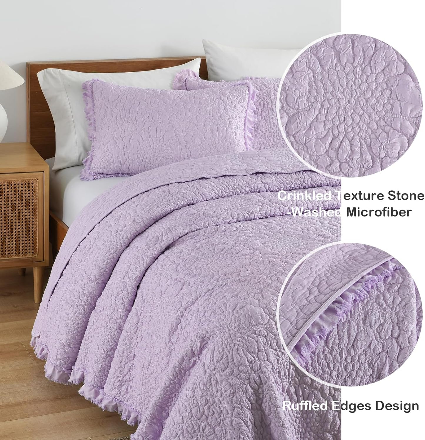 HORIMOTE HOME Lavender Ruffled Quilt King Size, Stone-Washed Microfiber Lightweight Crinkled Farmhouse Rustic Shabby Chic Bedding Set, 3 Pieces Reversible Bedspread with Pillow Shams for All Season