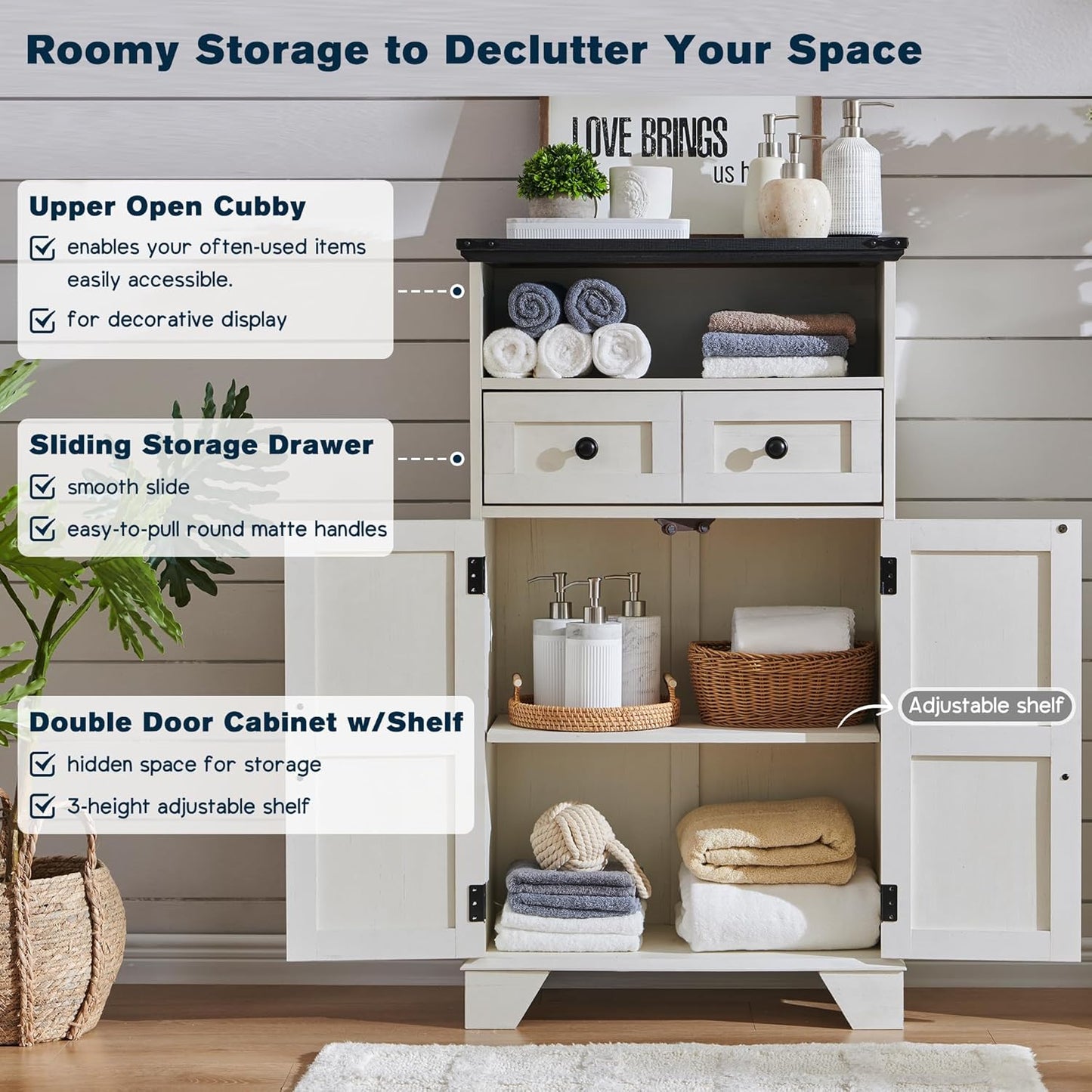 Bathroom Floor Cabinet, Farmhouse Storage Cabinet, 24" Wide Cabinet with Drawer, Adjustable Shelf, Barn Doors, Cabinets for Bathroom, Kitchen, Living Room, Off White