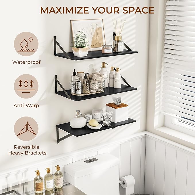 Heimlove 24" W x 12" D Wall Shelves for Books, 12 Inch Deep Floating Shelves Set of 3, Wide Floating Bookshelf with Metal Bracket for Living Room, Kitchen, Office, Bedroom and Decor Storage - Black