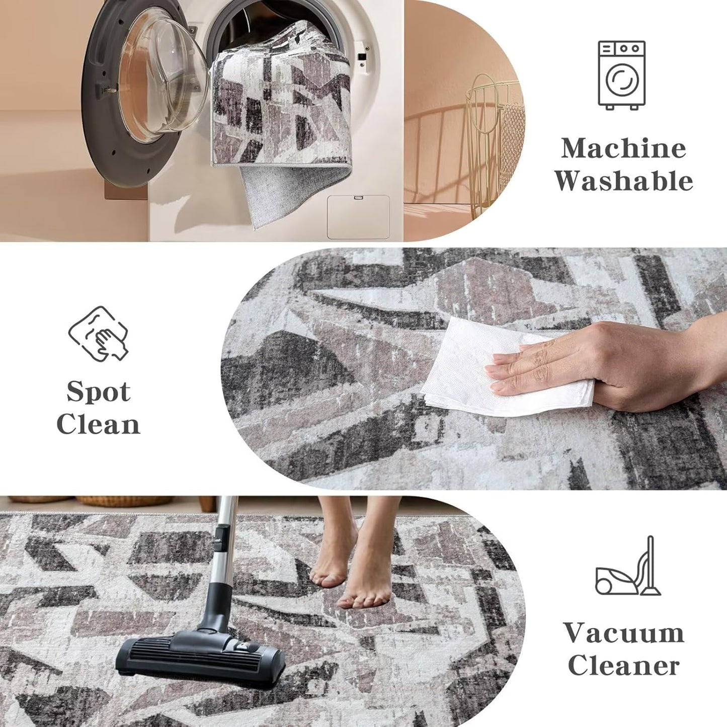 Modern Abstract 8X10 Area Rug for Living Room Bedroom Washable, with Non-Slip Rubber Backing Print Faux Wool Thin, Grey Throw Large Carpet for Kids Playroom Dining Room Pet & Child Friendly