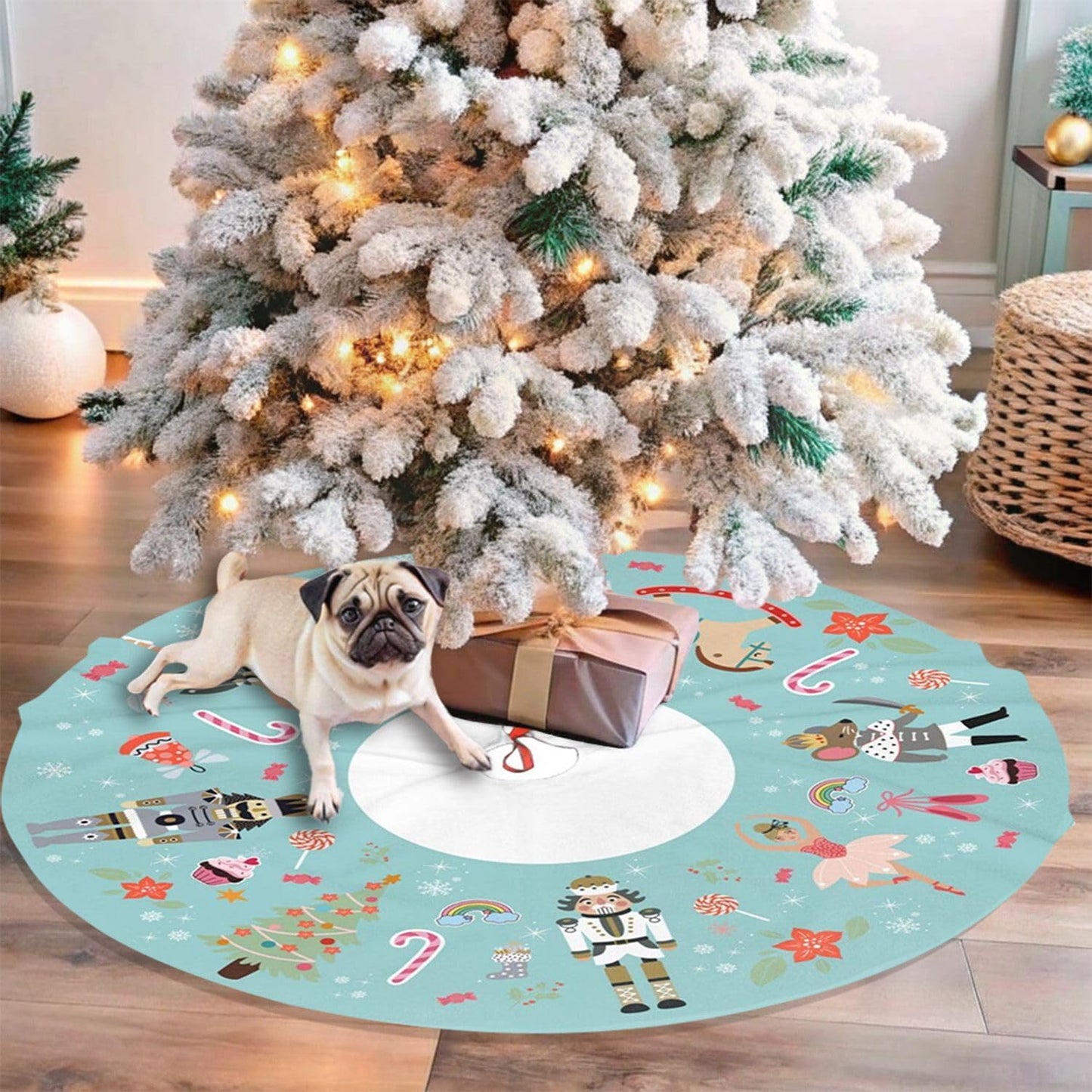 48" Large Christmas Tree Skirt, Turquoise Nutcracker Sweet Pattern Tree Mat Base Cover for Xmas Festive Holiday Party Decoration Ornaments