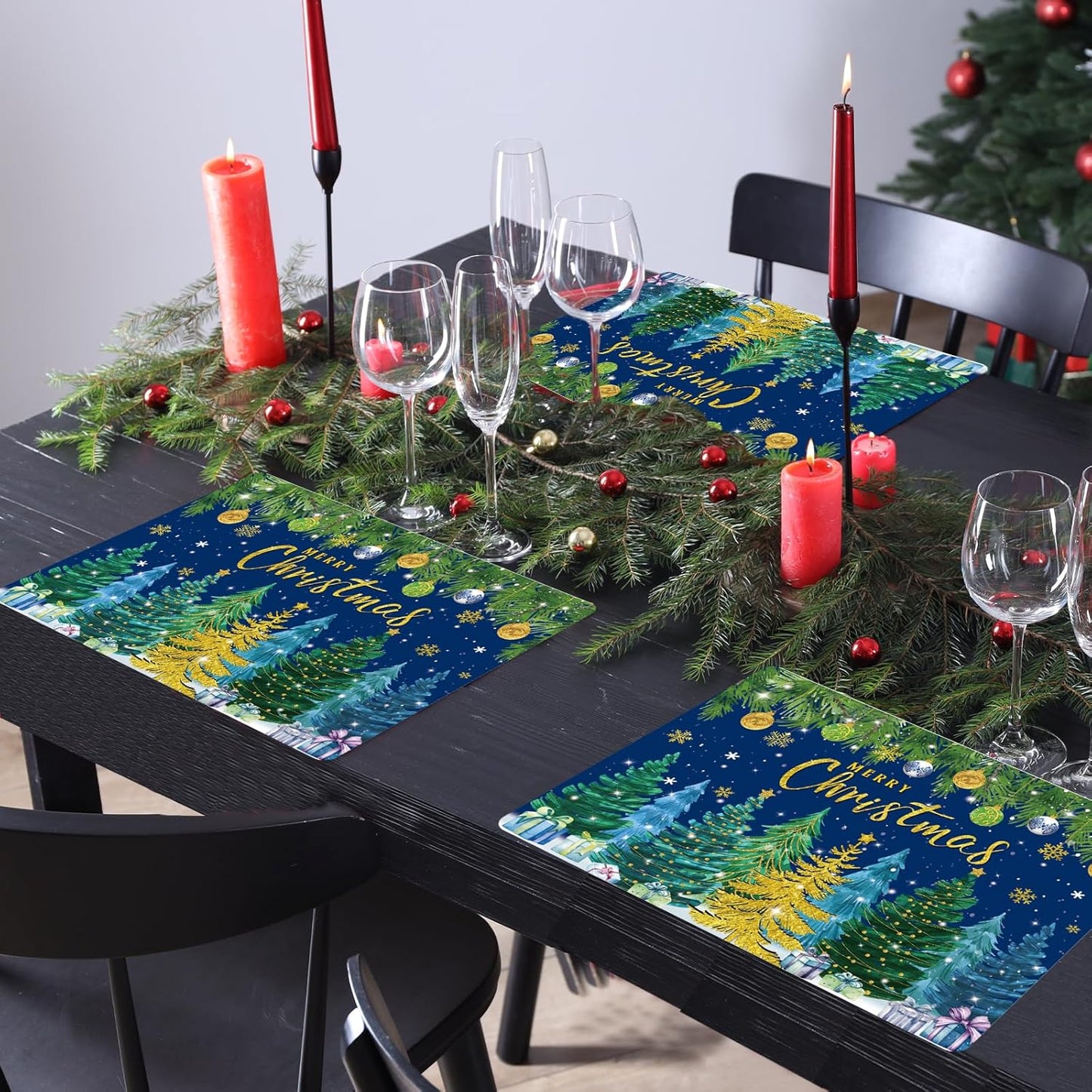 Christmas Pine Trees Placemats Set of 6 Plastic Table Mats Xmas Ball Ornaments Snowflakes Place Mats Holiday Pine Trees Winter Table Decoration for Indoor Outdoor Party Kitchen Dining