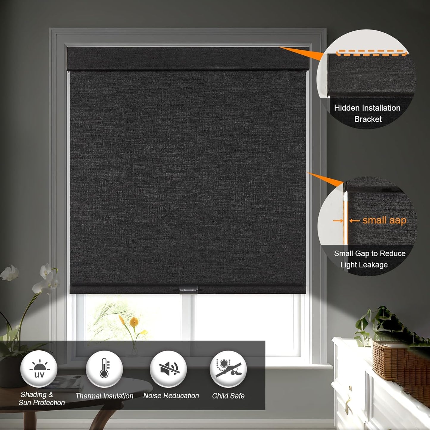 Persilux Free-Stop Cordless Blinds for Indoor Windows with Cover, Window Shades Blackout Roller Blinds, Thermal Insulated Fabric UV Protection for Kitchen, Office, Living Room, Black(31.5" W x 56" H)