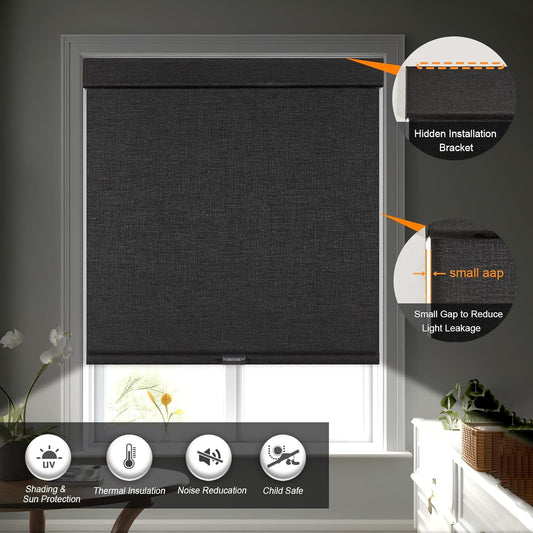 Persilux Free-Stop Cordless Blinds for Indoor Windows with Cover, Window Shades Blackout Roller Blinds, Thermal Insulated Fabric UV Protection for Kitchen, Office, Living Room, Black(46" W x 64" H)
